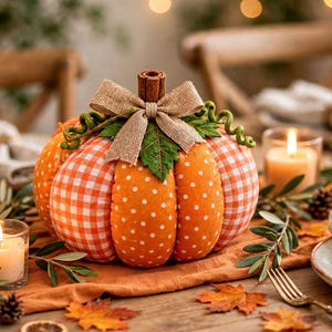 May include: A fabric pumpkin decoration featuring alternating orange and white polka dot and gingham check panels. The pumpkin is topped with a burlap ribbon bow, a green fabric leaf, curly green tendrils, and a cinnamon stick stem.