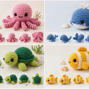 Puede incluir: Colección de criaturas marinas de ganchillo hechas a mano, incluyendo un pulpo rosa, una ballena azul, una tortuga verde y un pez payaso amarillo y blanco. Cada criatura tiene una cara sonriente.
