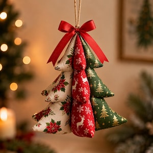 May include: A hanging fabric ornament shaped like a cluster of three Christmas trees. The trees feature white fabric with red poinsettias, red fabric with white reindeer and snowflakes, and green fabric with gold trees, topped with a red ribbon bow.