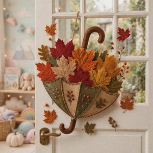May include: A felt wall hanging shaped like an open umbrella filled with an arrangement of fabric autumn leaves in shades of red, orange, yellow, and green. The umbrella features embroidered berry sprigs and is suspended by a brown cord.