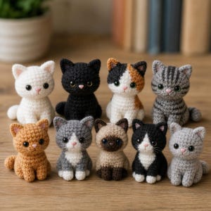 Può includere: Una collezione di dieci figurine di gatti all'uncinetto in vari colori e motivi, tra cui bianco, nero, tartarugato, tabby grigio, arancione, grigio e bianco, siamese, smoking e grigio chiaro. Ogni gatto ha grandi occhi rotondi e un piccolo naso rosa.