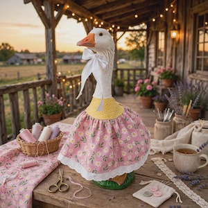Pode incluir: Uma estatueta de ganso branco vestindo um babador com padrão amarelo e um vestido rosa com estampa de margaridas brancas e uma bainha de renda recortada. O ganso tem uma fita branca amarrada no pescoço. A figura está sobre uma superfície de madeira.