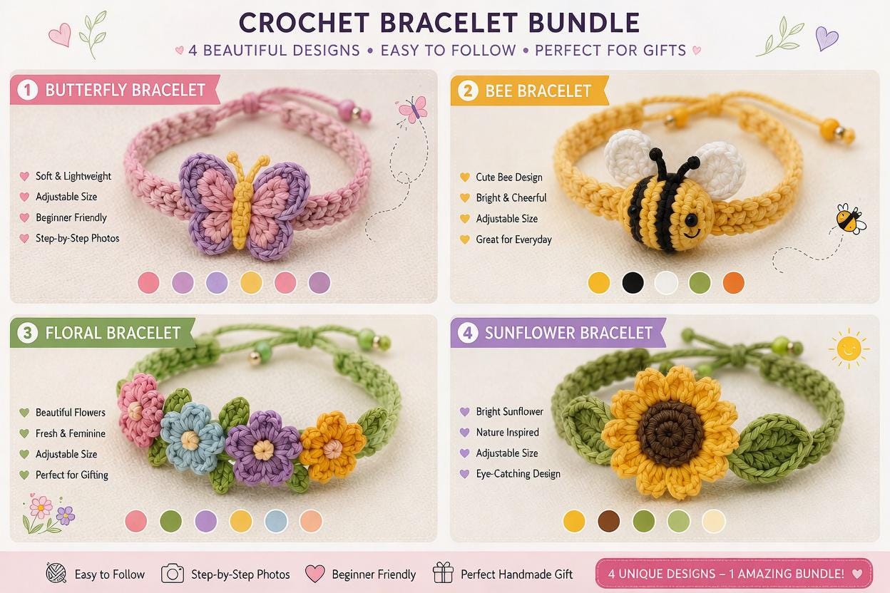 38 Crochet Jewellery Patterns with Brooches, Earrings, Bracelets 22 Crochet Bracelet Pattern Bundle Sunflower