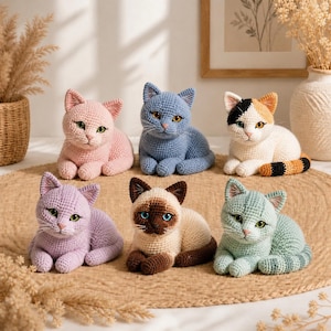 Può includere: Sei statuette di gatti all'uncinetto in vari colori: rosa, blu, bianco, lavanda, siamese e verde menta. Ogni gatto è in posizione sdraiata con dettagli come occhi verdi o gialli. Sono disposti su un tappeto intrecciato.