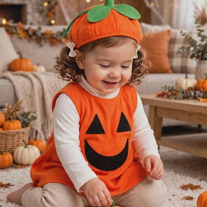 Può includere: Un completo arancione a tema zucca composto da una tunica senza maniche con un volto di zucca nero, un basco arancione abbinato con foglie di feltro verde, una maglietta bianca a maniche lunghe e leggings a coste color beige chiaro.