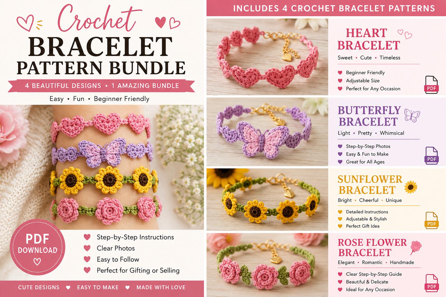 38 Crochet Jewellery Patterns with Brooches, Earrings, Bracelets 9 Crochet Bracelet Pattern Bundle Butterfly
