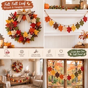 Peut inclure: Une couronne de feuilles d'automne en feutrine et une guirlande décorative avec des feuilles en tissu rouge, orange, jaune et vert, des glands et un nœud en toile de jute. Inclut un patron PDF, des modèles à imprimer et des instructions.