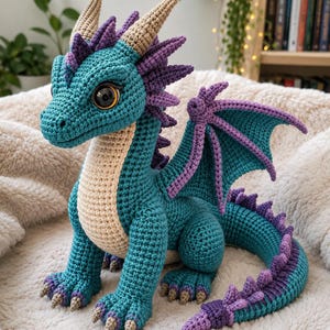Könnte beinhalten: Ein gehäkelter Drache in Türkis, Lila und Beige. Die handgefertigte Fantasiefigur hat große Augen, Hörner und Flügel. Der Drache sitzt auf einer weichen, weißen Oberfläche.