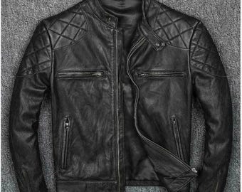 メンズ ブラック モーターサイクルジャケット ハンドメイド 本革カウハイドレザージャケット カフェレーサー バイカーコート