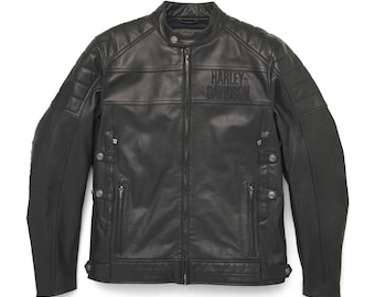 Harley Davidson Men's Black Motorcycle Jacket Handmade Genuine Cowhide Leather Jacket Cafe Racing Coat