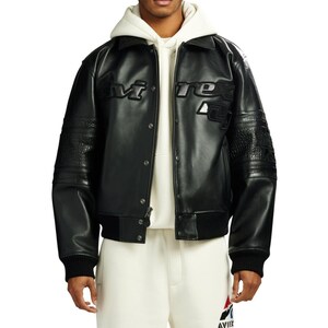 Vintage-inspired black bomber coat with croc embossed collar and cuffs