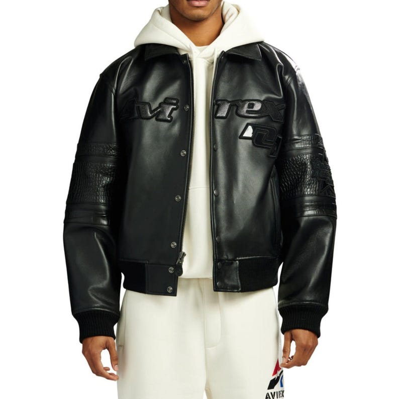 Vintage-inspired black bomber coat with croc embossed collar and cuffs