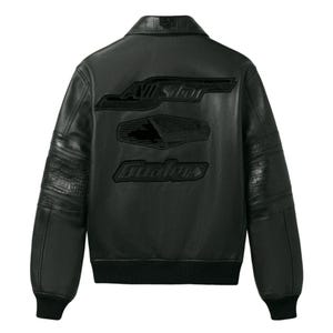 Handmade aviator leather jacket featuring crest patches and striped sleeve details
