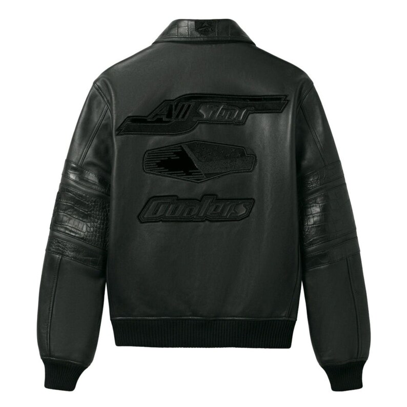 Handmade aviator leather jacket featuring crest patches and striped sleeve details