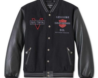 メンズ ブラック レザー ウール ハーレーダビッドソン バーシティ バイカージャケット – カフェレーサー モーターサイクルコート