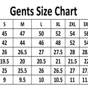 May include: A white chart titled "Gents Size Chart" with measurements in inches for chest, waist, length, shoulder, sleeve, and wrist. Sizes range from XS to 6XL, with corresponding USA measurements.
