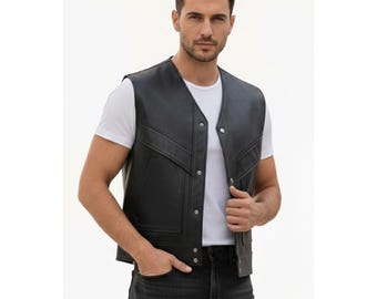 Men's Black Biker Vest Handmade Genuine Sheepskin Leather Vest Cafe Racing Outwear Coat