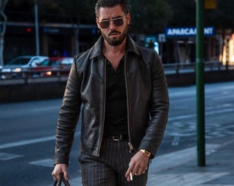 Men's Black Biker Jacket Handmade Real Sheepskin Leather Jacket Retro Cafa Racer Coat