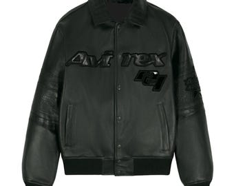 Avirex メンズ ブラック ボンバージャケット ハンドメイド 本革カウハイドレザージャケット ストリートウェア アビエイター パイロットコート