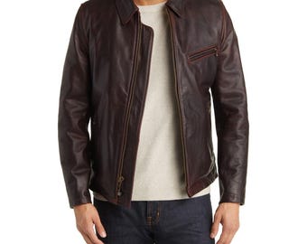 Chaqueta de moto marrón para hombre, hecha a mano en cuero genuino de vaca, estilo café racer.