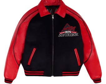 Avirex メンズ ブラック バーシティ ボンバージャケット ハンドメイド 本革（牛革）＆ウール ジャケット ストリートウェア コート