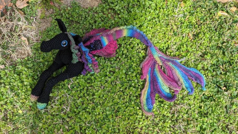 Dark Rainbow Hippocampus Crochet Soft Sculpture
