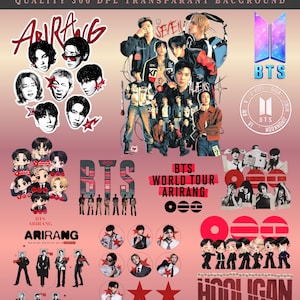 May include: A digital collection of BTS 2026 PNG graphics featuring various band member portraits, chibi-style illustrations, the BTS logo, and text elements including Arirang, World Tour, and Hooligan. The set includes multiple stickers and icons.