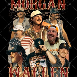 Puede incluir: Una camiseta negra con gráficos que presenta múltiples imágenes de Morgan Wallen. La palabra "MORGAN" está arqueada en la parte superior en una fuente burdeos, y "WALLEN" está arqueada en la parte inferior. El fondo es negro con un patrón de diamantes.