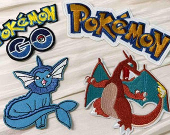 Pokemon Logo & Character Embroidered Patches | Japanese Precision Craft, Charizard,Vaporeon Iron On/Sew On Applique