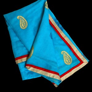 Indisk bomullssidenklänning för kvinnor, omlott, broderade lappar, sömnad, blå vintage sari-material, 5 år