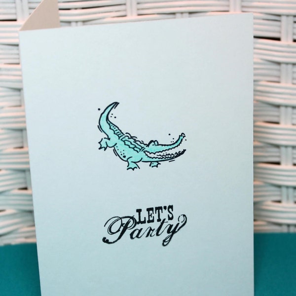 Set of 5 Hand Stamped Alligator Let's Party Note Cards