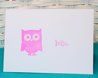 Set of 6 Hand Stamped Owl Hello Note Cards