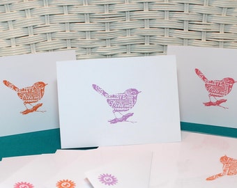 Set of 6 Hand Stamped Bird with Inspirational Words Note Cards