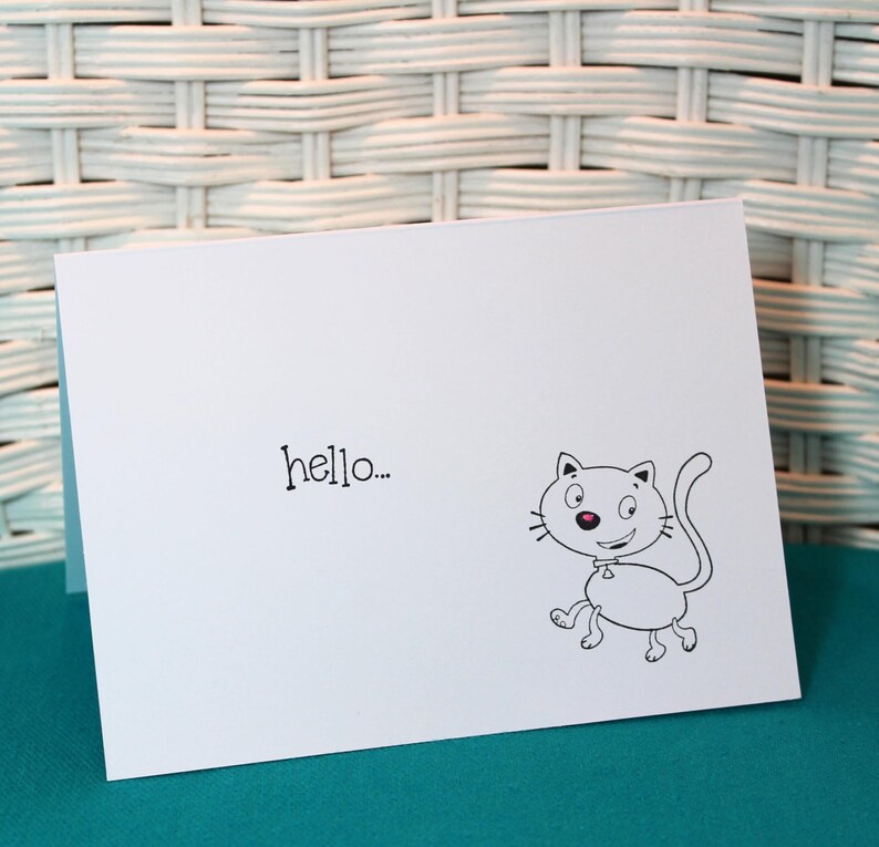 Set of 6 Hand Stamped Kitty Cat Hello Note Cards image 1