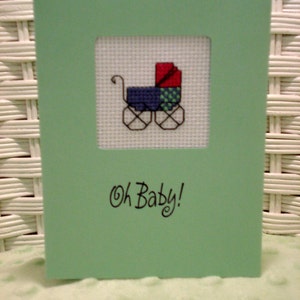 Handmade Baby Cross Stitch Card Carriage Perfect for a Boy or Girl