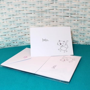 Set of 6 Hand Stamped Kitty Cat Hello Note Cards image 2