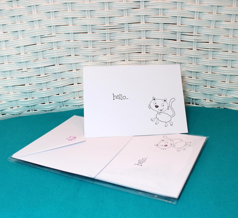 Set of 6 Hand Stamped Kitty Cat Hello Note Cards image 2