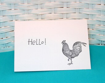 Set of 6 Hand Stamped Rooster Hello Note Cards