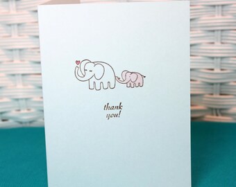 Set of 6 Hand Stamped Elephant Baby Girl Thank You Note Cards