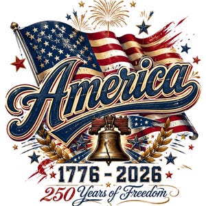 America 250 Years of Freedom PNG, USA 250th Anniversary Shirt Design, Patriotic America 1776-2026 Graphic, 4th of July Sublimation Png
