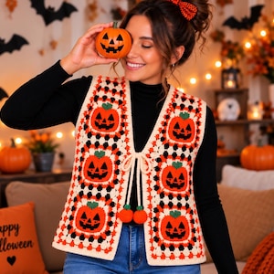 Puede incluir: Un chaleco de ganchillo sin mangas con un patrón repetitivo de calabazas de Halloween naranjas con tallos verdes sobre un fondo crema y negro. El chaleco tiene un escote en V con un cierre de lazo color crema terminado con dos pequeñas borlas de calabaza.