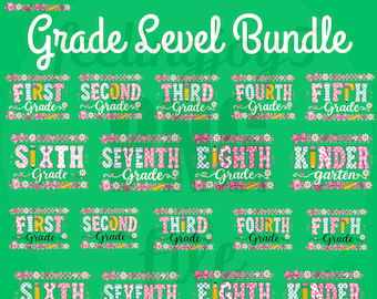 Puede incluir: Un paquete gráfico digital que presenta el texto Grade Level Bundle y etiquetas individuales desde Pre-K hasta octavo grado y jardín de infantes. Los diseños utilizan un patrón de cuadros rosa y verde azulado con iconos de lápices, lazos y flores sobre un fondo verde.