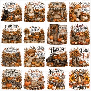 May include: A collection of sixteen autumn-themed illustrations featuring pumpkins, sunflowers, wheat, and seasonal motifs like gnomes, foxes, and farm trucks, each with decorative text such as Happy Fall Y'all, Pumpkin Spice, and Harvest Season.