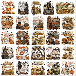 May include: A collection of thirty individual Halloween-themed graphic designs featuring illustrations of ghosts, witches, skeletons, pumpkins, black cats, and ravens, each accompanied by stylized text such as Pumpkin Bakery and Wicked Potion Bar.