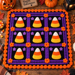 May include: A square crochet blanket featuring a grid pattern with nine candy corn motifs in white, orange, and yellow. The blanket has a black background, purple grid lines, small purple flower accents, and a scalloped orange border edge.