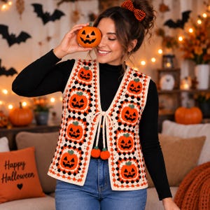 May include: A sleeveless crochet vest featuring a repeating pattern of orange jack-o'-lanterns with green stems on a cream and black background. The vest has a V-neckline with two cream-colored ties ending in small orange pumpkin-shaped tassels.