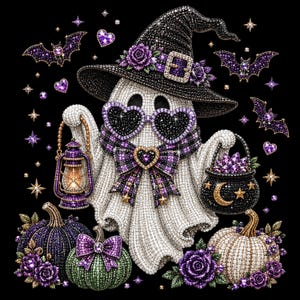 Fantasmino carino con strass PNG, Civetta di Halloween PNG, Fantasma con fiocco leopardato rosa, Zucca scintillante caffè sublimazione, Design per maglietta di Halloween femminile