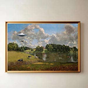 May include: A framed landscape painting featuring a green pasture with grazing black and white cows, a calm lake, and a line of trees under a cloudy blue sky. A silver flying saucer hovers in the sky above the cows, with a small cow suspended below it.