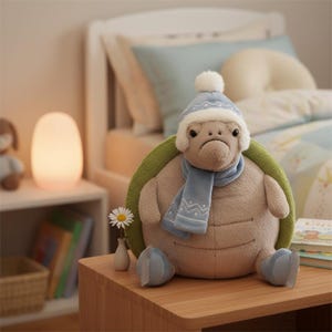 May include: A plush turtle toy wearing a light blue hat and scarf with white accents. The turtle has a green shell and tan body, sitting on a wooden surface. A small white vase with a daisy and a glowing lamp are in the background.