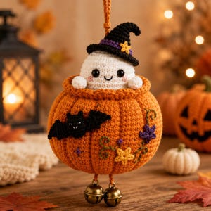 May include: A crocheted Halloween ornament featuring a white ghost wearing a black witch hat with a purple band and yellow star, sitting inside an orange pumpkin. The pumpkin is decorated with a black bat, purple flowers, and two gold jingle bells.